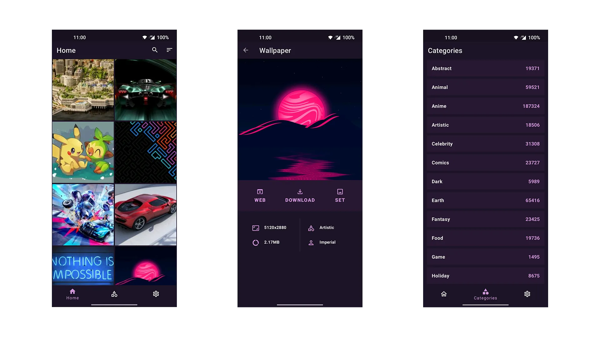 Three mobile app screens showing a wallpaper app: the home screen with a grid of wallpapers, a wallpaper detail screen with download and set options, and a categories screen listing wallpaper types with item counts.