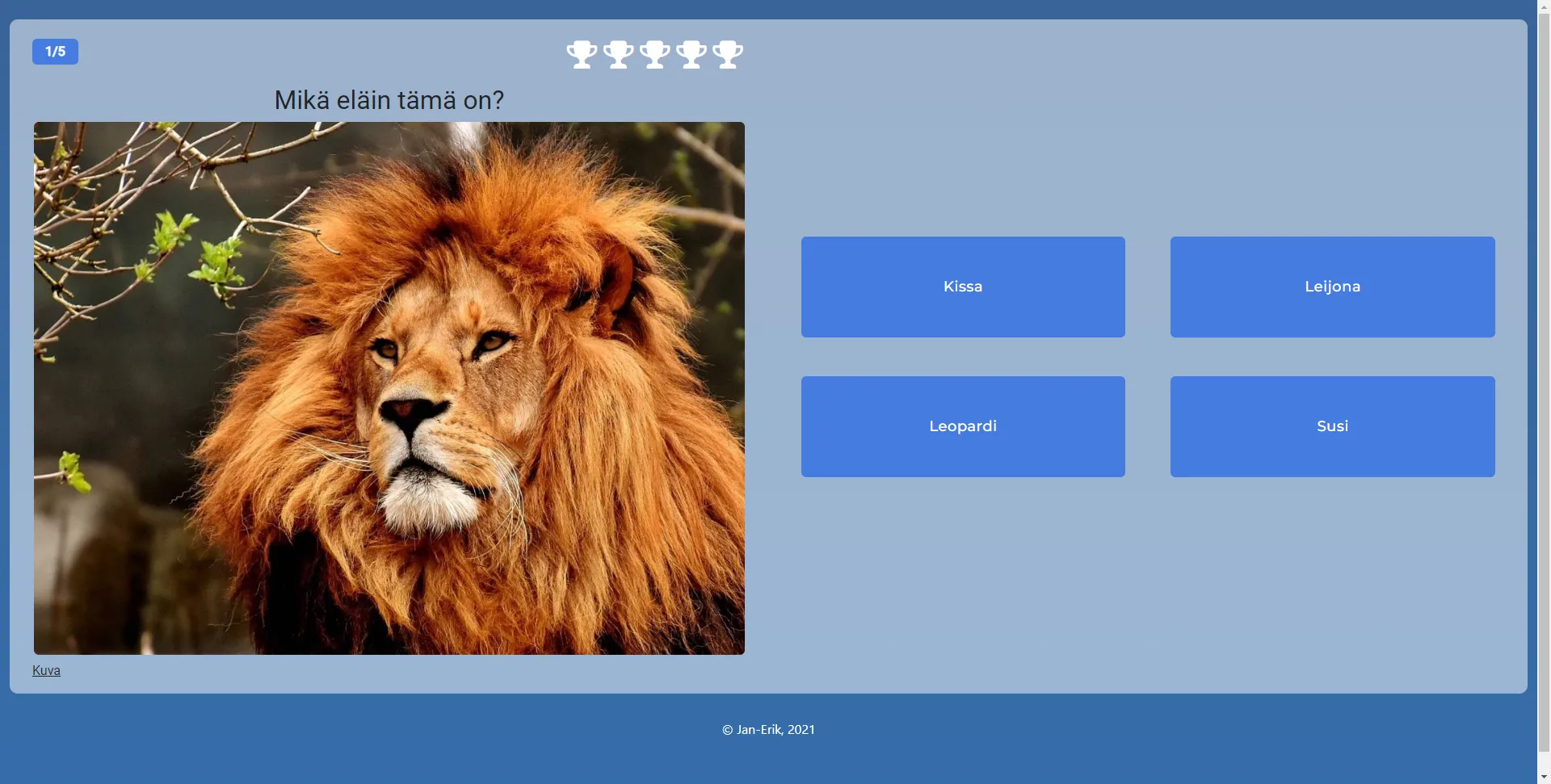 Quiz screen asking what animal is pictured. Four answer choices are cat, lion, leopard and wolf.