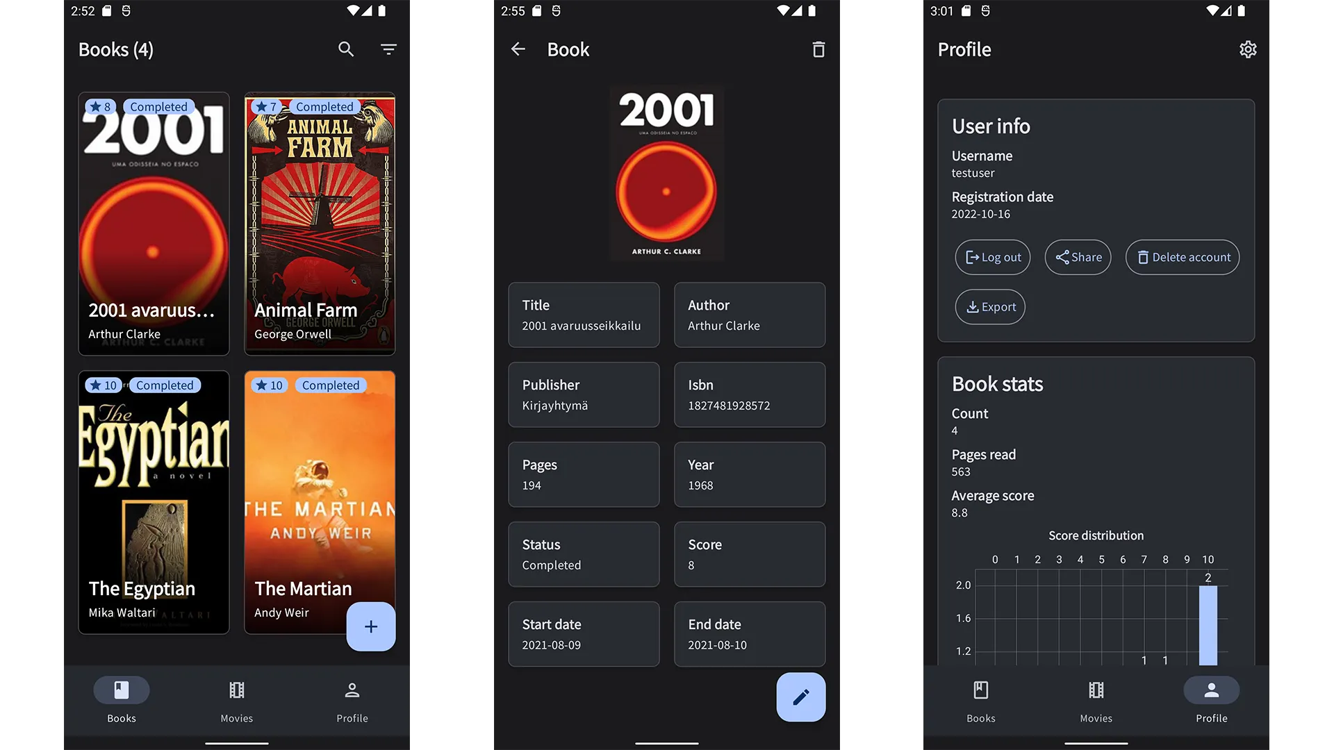 Three mobile app screens showing book list, book details and profile screens.