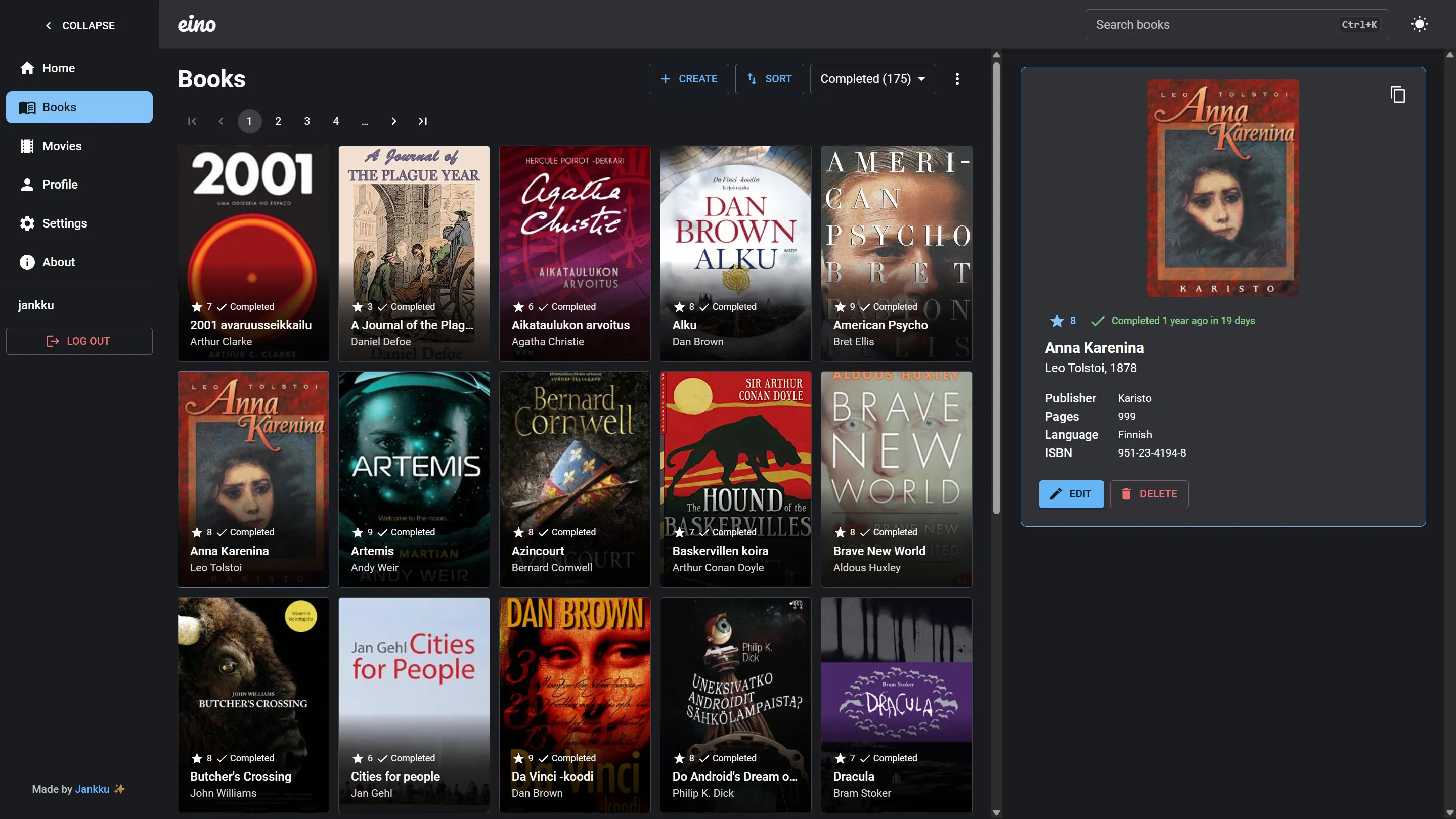 Books page. Two column layout with book list on the left and book details on the right.