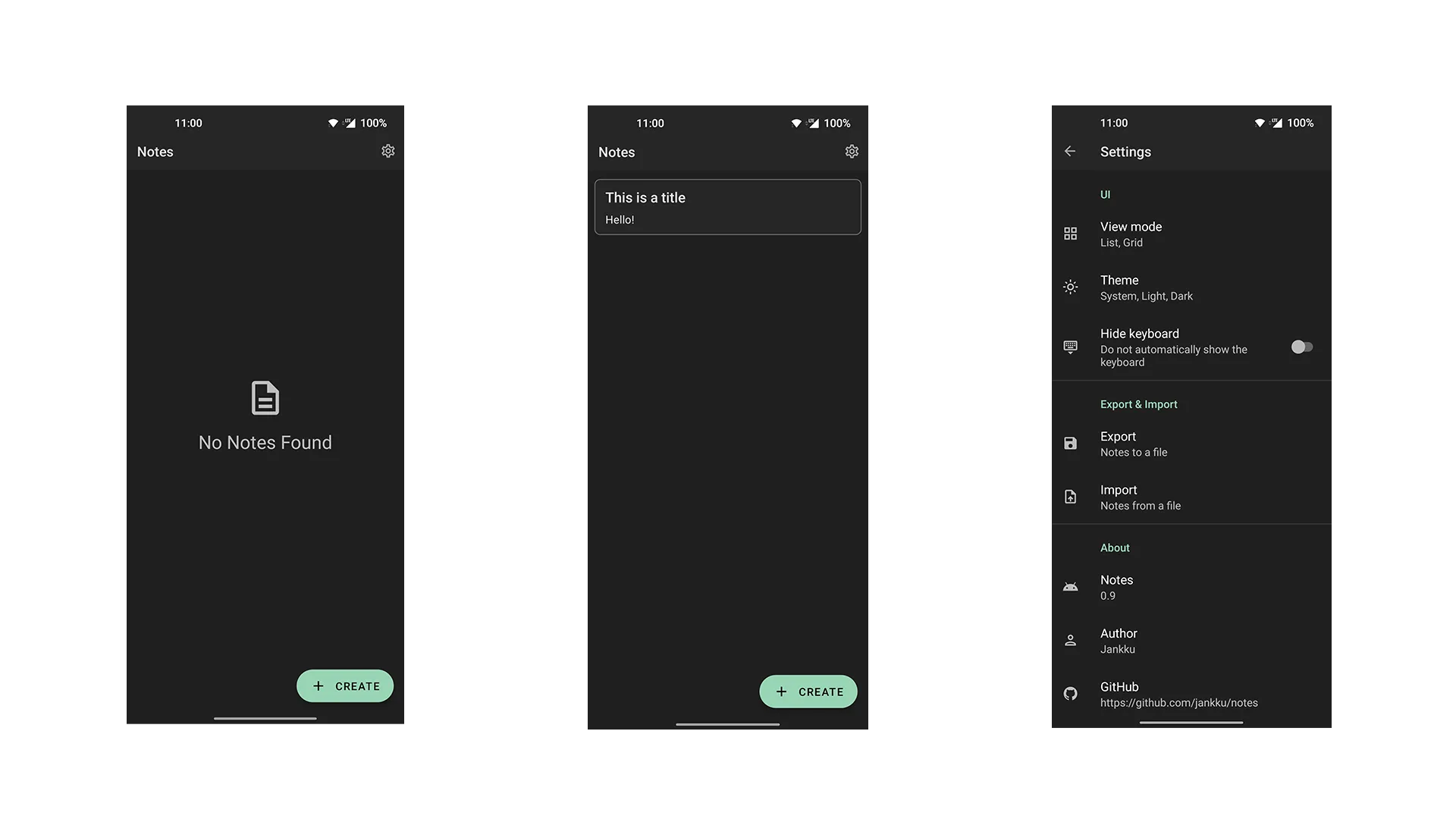 Three mobile app screens showing empty notes list, notes list with one note and settings screen.
