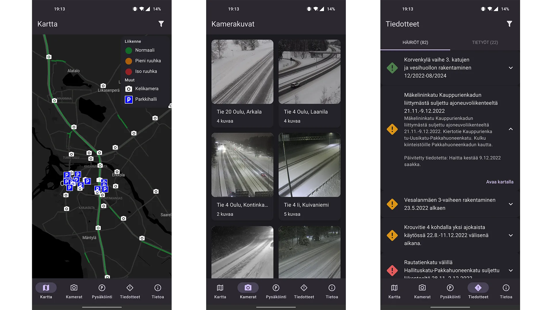Three mobile app screens. The first screen shows a map of traffic camera and parking hall locations. The second screens shows a list of traffic camera cards with previews. The third screen shows a list of traffic announcement cards, which include announcement severity, location and description.