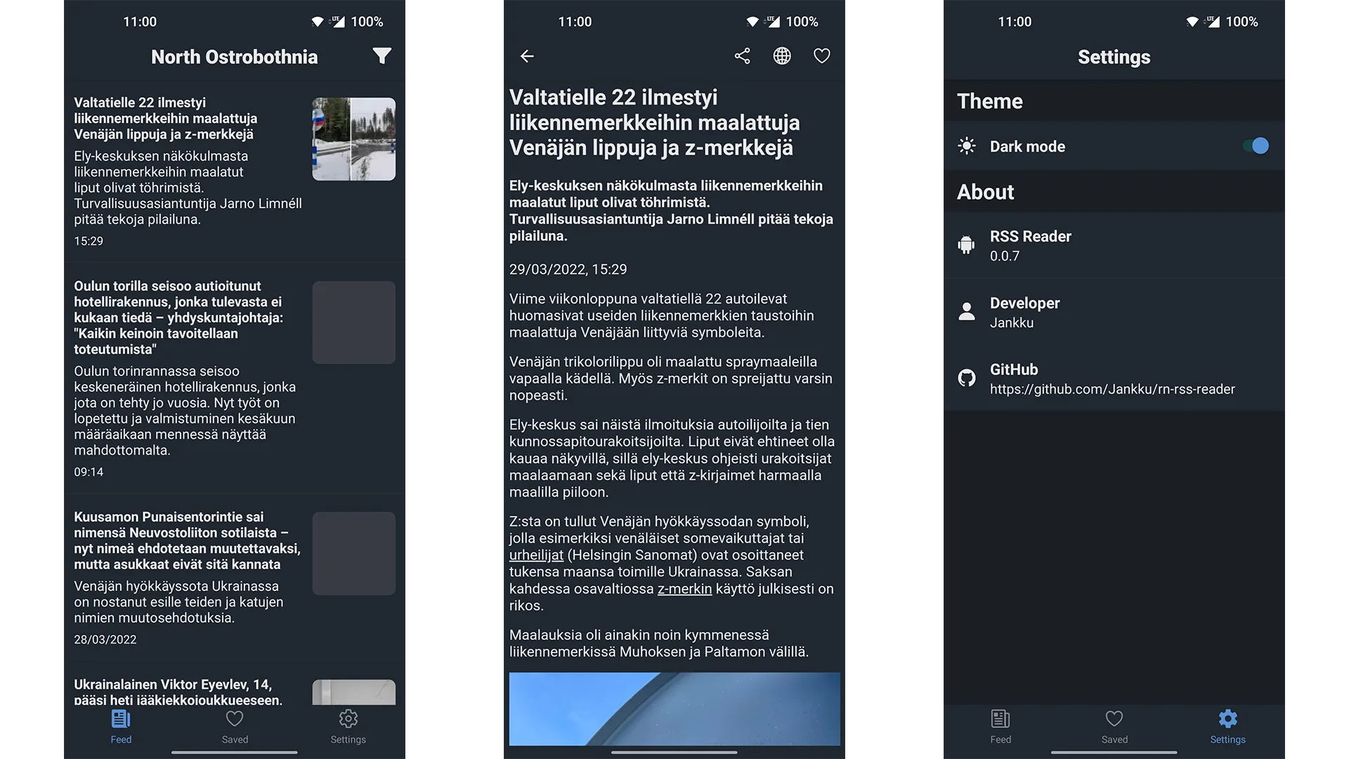 Three mobile app screens showing list of news, news reader and settings screens.